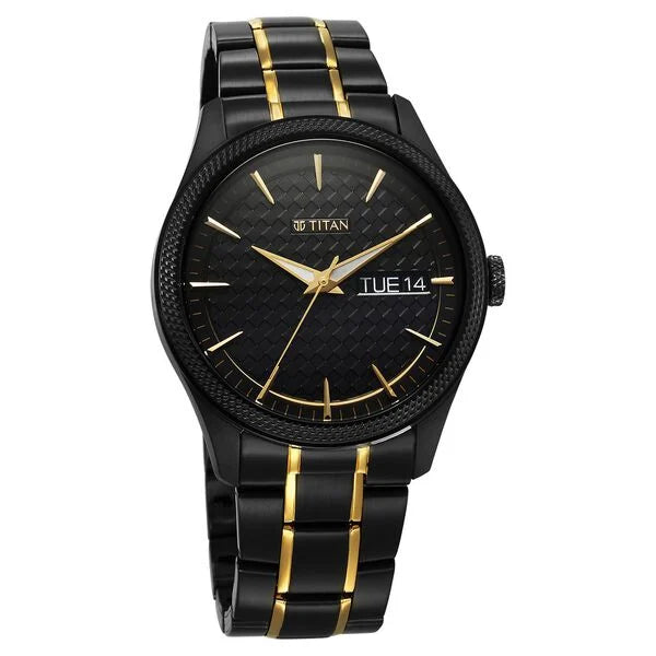 TITAN 1805KM10 Titan Regalia Opulent Quartz Analog with Day and Date Black Dial Two Toned Stainless Steel Strap Watch for Men