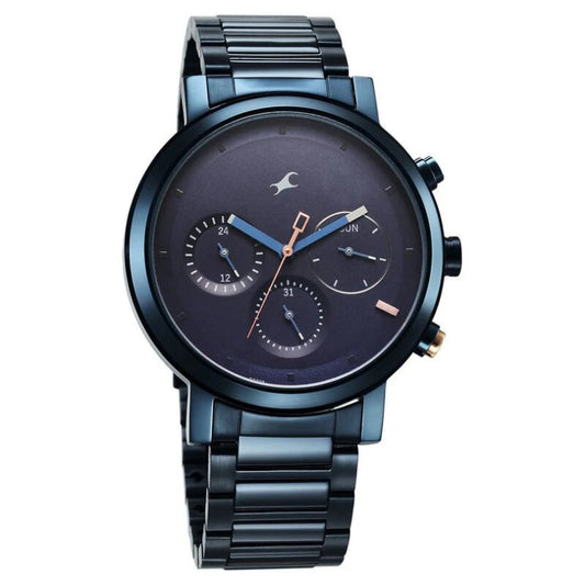 Fastrack 3287KM08 men's analog watch with a striking grey dial, black stainless steel case, and a durable black leather strap. A sleek and modern timepiece that combines bold style with comfort.