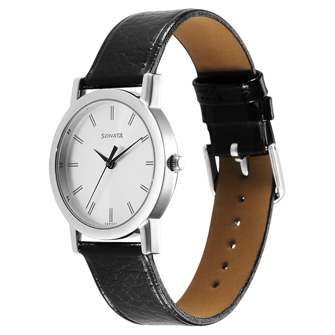Sonata Classic Quartz Analog Silver Dial Black Leather Strap Watch for Men