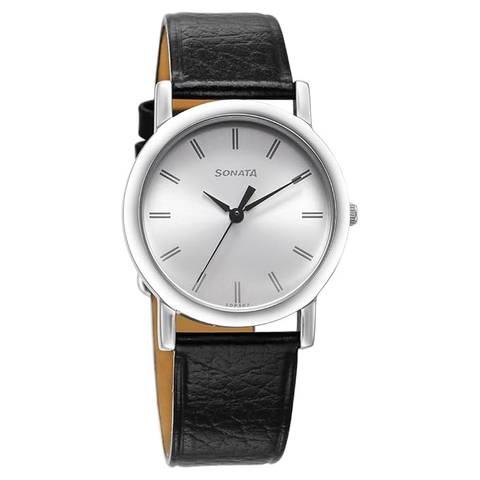 Sonata Classic Quartz Analog Silver Dial Black Leather Strap Watch for Men