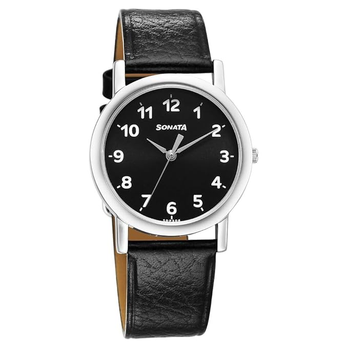 Sonata Classic Quartz Analog Black Dial Black Leather Strap Watch for Men-NS7987SL05W/NT7987SL05W