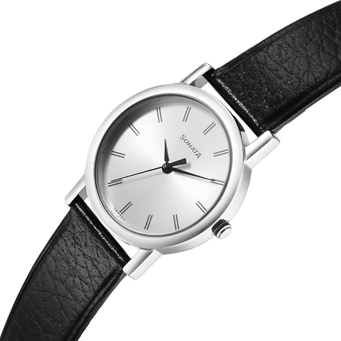 Sonata Classic Quartz Analog Silver Dial Black Leather Strap Watch for Men