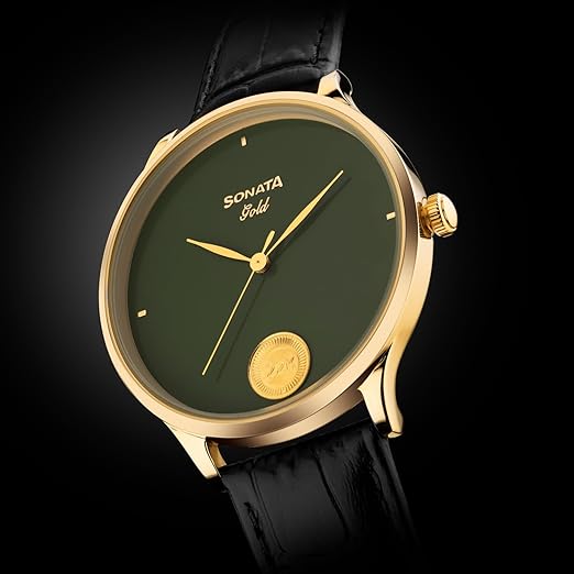 Sonata Gold with Quartz Analog Sacred Forest Green Dial with 0.15 Gm 22 Karat Tanishq Gold Coin On Dial Black Leather Strap Watch for Men - 7153YL04