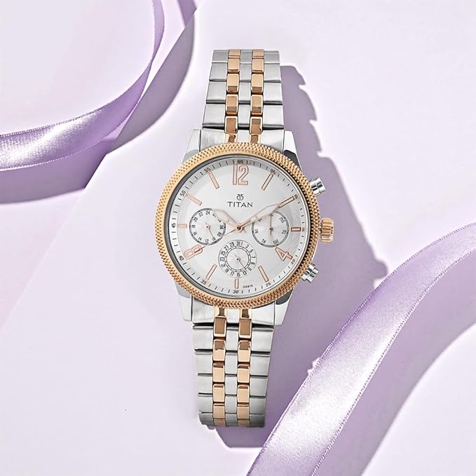 Titan Men's Metropolitan Luxe: Multifunction White Dial with Two-Tone Stainless Steel Bracelet Watch