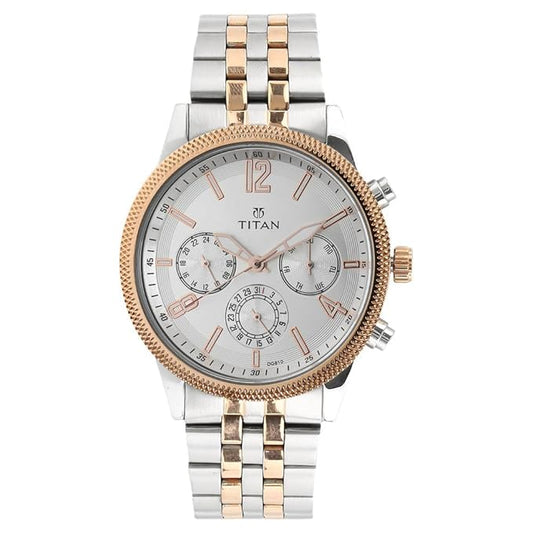 Titan Men's Metropolitan Luxe: Multifunction White Dial with Two-Tone Stainless Steel Bracelet Watch