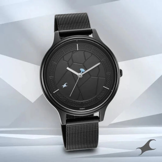 Fastrack 6296NM01 men's analog watch with a bold black dial, black stainless steel case, and a stylish black metal strap. A sleek and modern timepiece for a confident look.