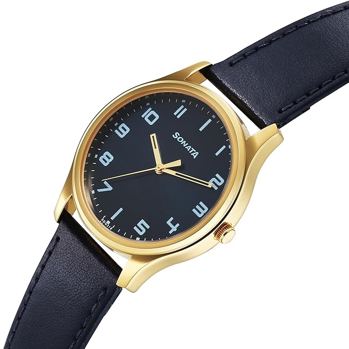 Sonata Traditional Essentials Quartz Analog Blue Dial Leather Strap Watch for Men