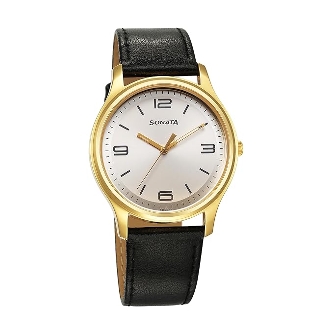 Sonata Traditional Essentials Quartz Analog Silver Dial Leather Strap Watch for Men-77082YL09