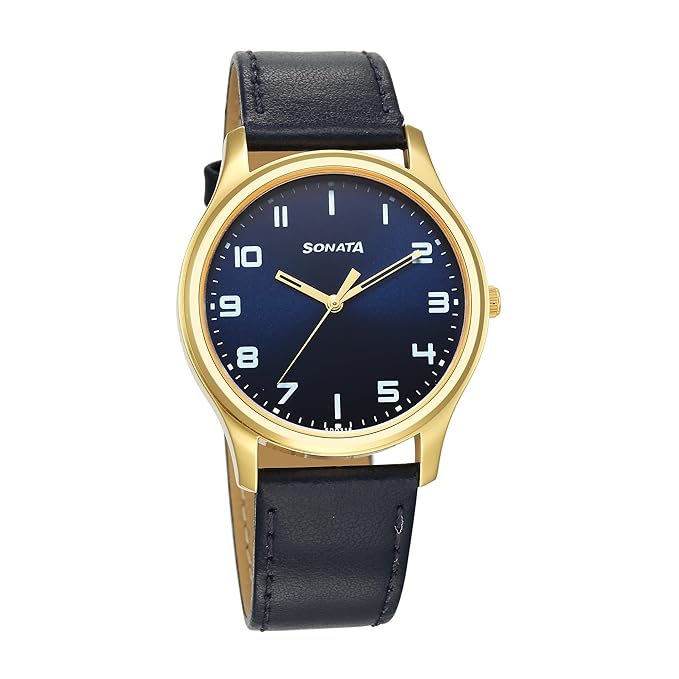 Sonata Traditional Essentials Quartz Analog Blue Dial Leather Strap Watch for Men