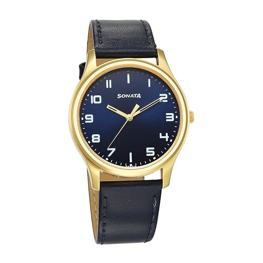 Sonata Traditional Essentials Quartz Analog Blue Dial Leather Strap Watch for Men