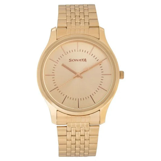 SONATA 77082YM02 Sonata Essentials Quartz Analog Champagne Dial Golden Stainless Steel Strap Watch For Men