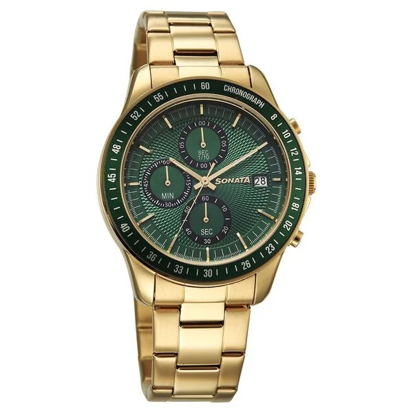 SONATA 77187KM06 Sonata Chronos Quartz Analog with Date Green Dial Golden Colour Stainless Steel Strap Watch For Men