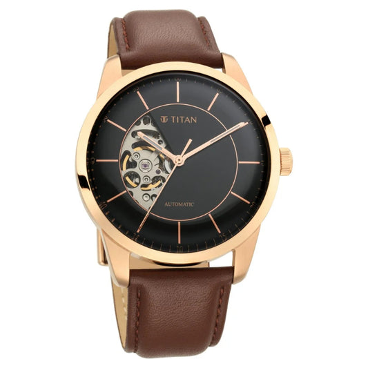 A chic Titan women's watch featuring a soft pink dial, a stylish brown leather strap, and an elegant analog design, perfect for everyday sophistication and special occasions.