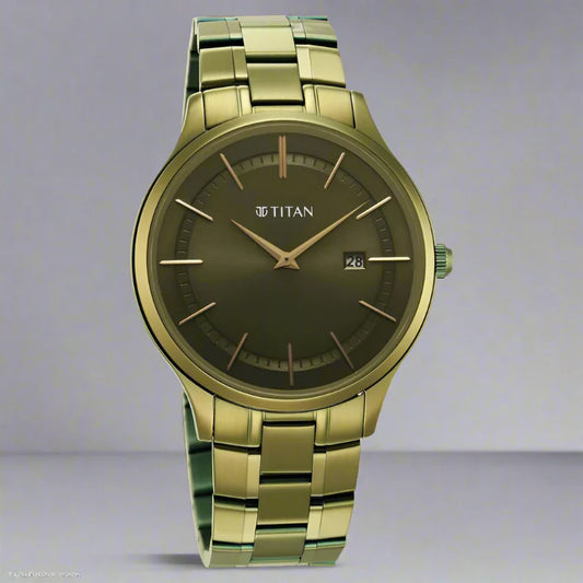 The Titan Classique Slimline Green Dial Analog with Day and Date Stainless Steel Strap Watch for Men is a sophisticated and stylish timepiece that combines modern features with timeless elegance. Key features of this watch include: