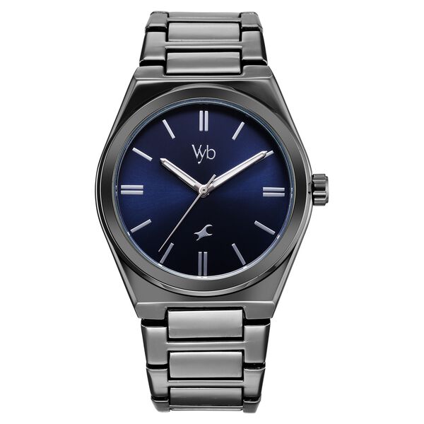 FV30010QM01W Vyb Nimbus By Fastrack Quartz Analog Blue Dial Grey Metal Strap Watch For Guys