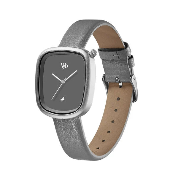 Wristwatch with gray strap and beige lining on a white background