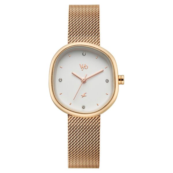 Vyb Muse By Fastrack Quartz Analog White Dial Rose Gold Stainless Steel Strap Watch For Girls fv60087wm01w