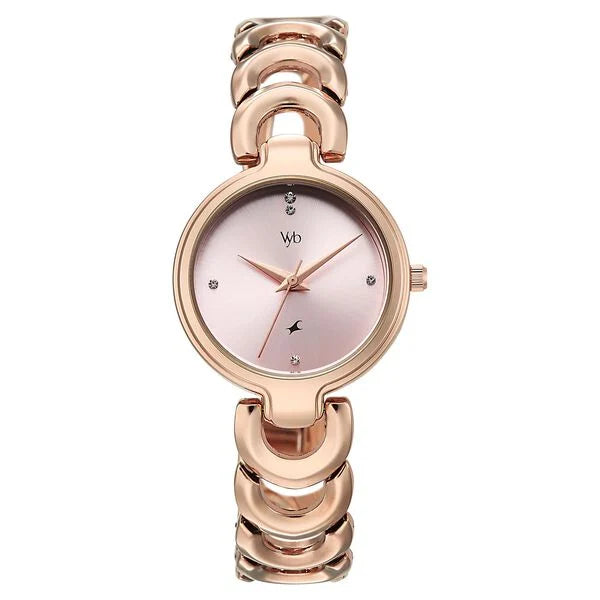 FV60141WM01W Vyb Successor By Fastrack Quartz Analog Pink Dial Rose Gold Metal Strap Watch For Girls