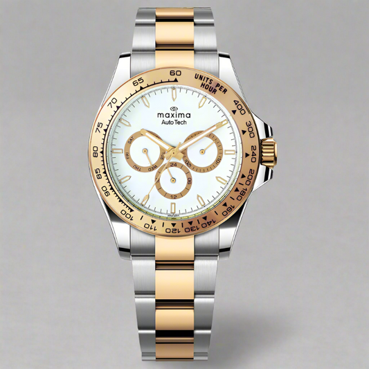 Maxima Apex 70780 CMGT men's analog watch with dual-tone gold finish, dark blue dial, and stainless steel band.