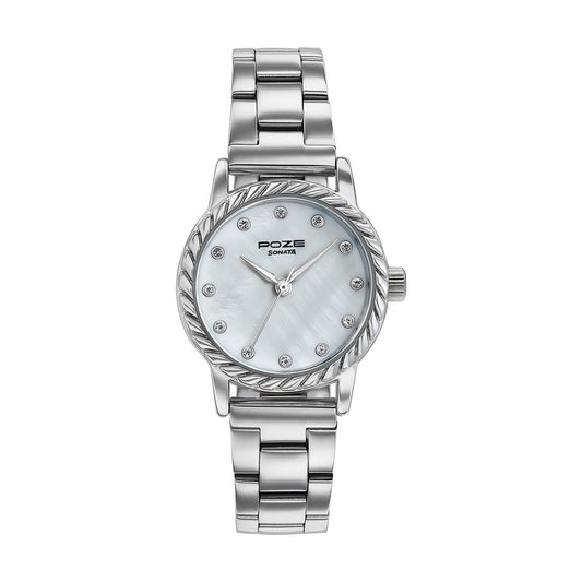 sp80177sm01w Poze By Sonata Quartz Analog White Mother of Pearl Dial Silver Metal Strap Watch For Women