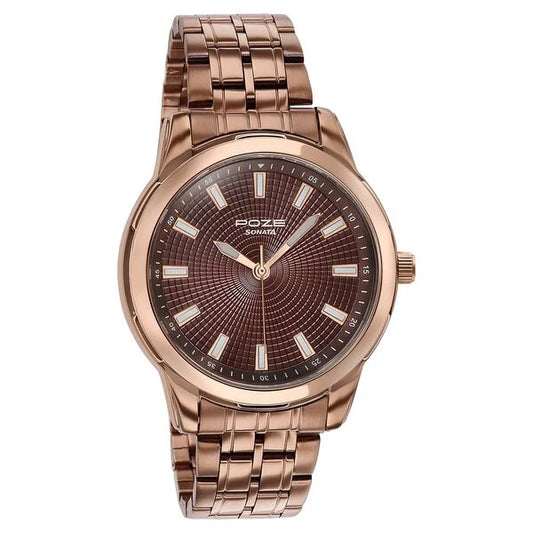 SP70080KM02 Sonata Poze Quartz Analog Brown Dial Brown Metal Strap Watch For Men