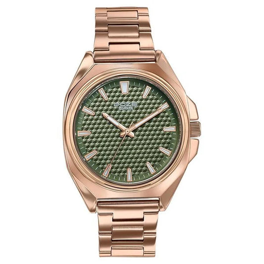 SP70091WM01W Poze By Sonata Quartz Analog Green Dial Rose Gold Metal Strap Watch For Men
