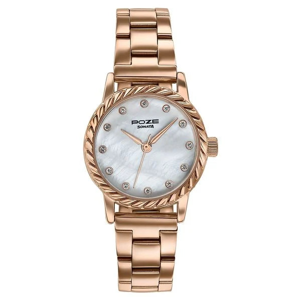 SP80177WM01W  1 / 7   Poze  0 Reviews Poze By Sonata Quartz Analog White Mother of Pearl Dial Rose Gold Metal Strap Watch For Women