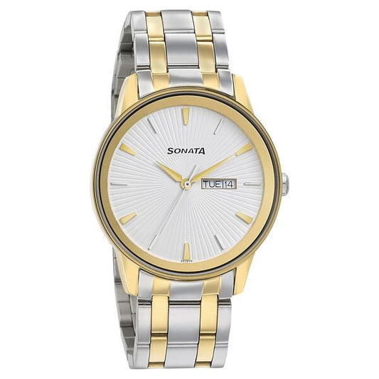 Sonata 7133BM01 men's analog watch with two-tone stainless steel strap and elegant white dial – premium Sonata watch online in India