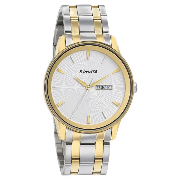 Sonata 7133BM01 men's analog watch with two-tone stainless steel strap and elegant white dial – premium Sonata watch online in India