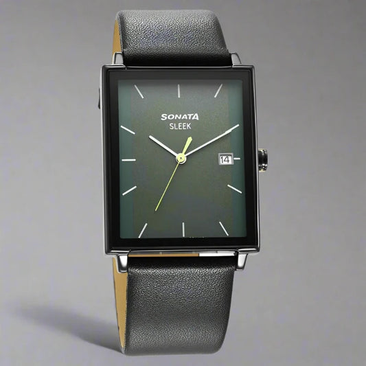 Sonata 7148NL01 men's analog watch with premium leather strap and sleek black dial – stylish Sonata watch online in India