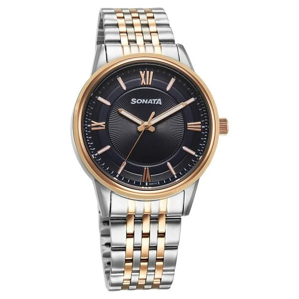 Sonata 77154KM01 men's analog watch with stainless steel strap and classic black dial – stylish Sonata watch online in India