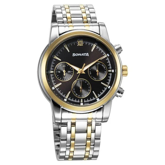 Sonata 77158BM01 men's analog watch with two-tone stainless steel strap and classic white dial – stylish Sonata watch online in India