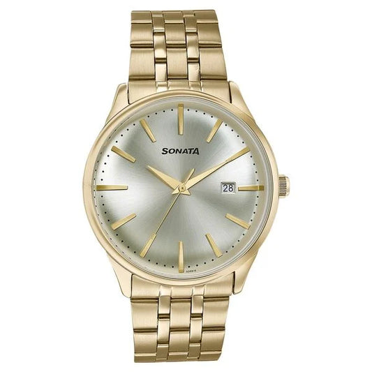 Sonata 77166YM01 men's analog watch with gold-plated stainless steel strap and classic white dial – stylish Sonata watch online in India