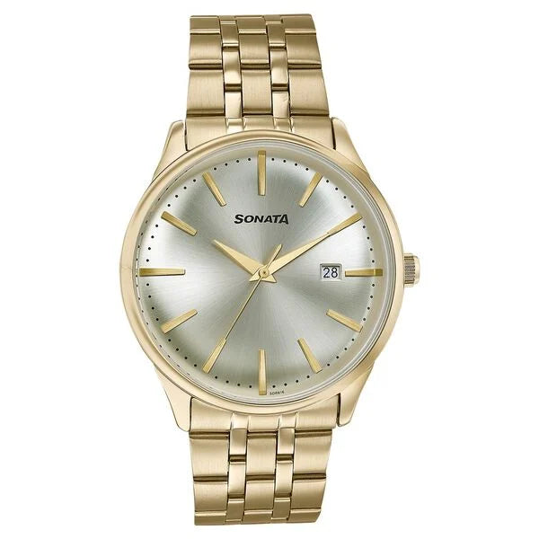 Sonata 77166YM01 men's analog watch with gold-plated stainless steel strap and classic white dial – stylish Sonata watch online in India