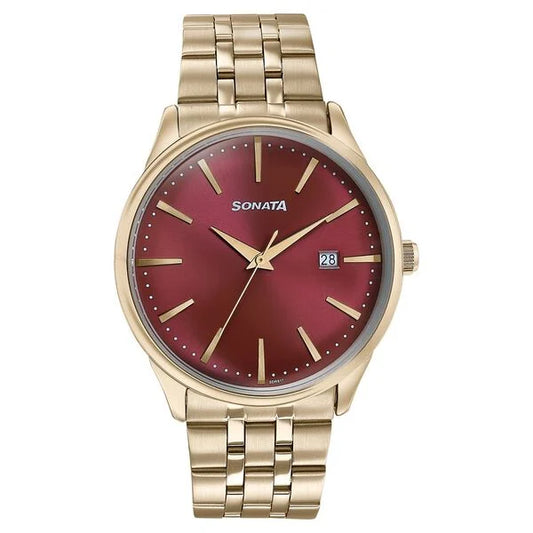Sonata 77166YM02 men's analog watch with gold-plated stainless steel strap and elegant white dial – premium Sonata watch online in India