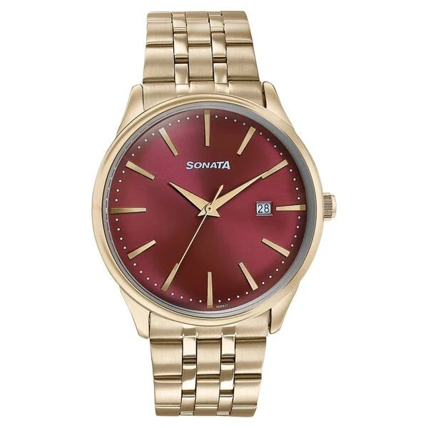 Sonata 77166YM02 men's analog watch with gold-plated stainless steel strap and elegant white dial – premium Sonata watch online in India