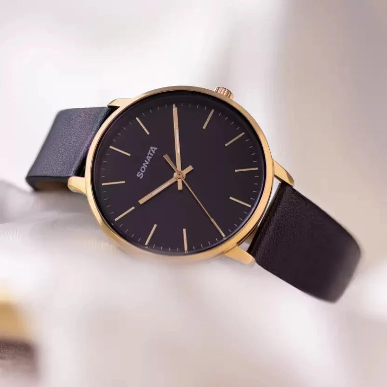 Sonata 87069YL02 men's analog watch with elegant leather strap and classic dial design – affordable Sonata watch online in India