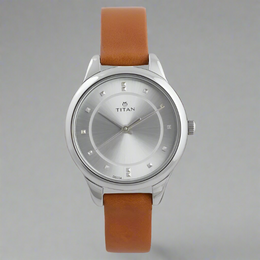 Buy Titan watch online with TITAN 2481SL06, featuring a classic brown leather strap and minimalist silver dial for men.