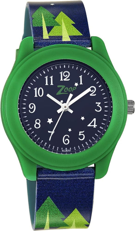 A kids' analog watch with a blue dial and a green plastic strap featuring character illustrations.