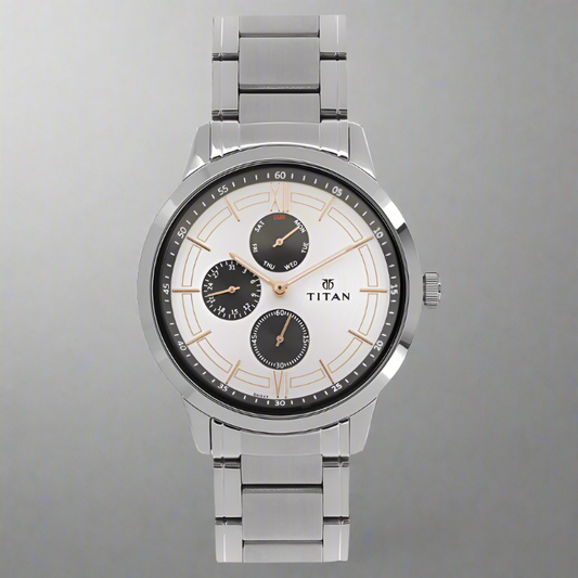Titan NT1769SM02 Workwear White Dial Quartz Multifunction Stainless Steel Strap Watch for Men with a sleek silver-tone case, rosegold indices, and a dual-tone metal strap.