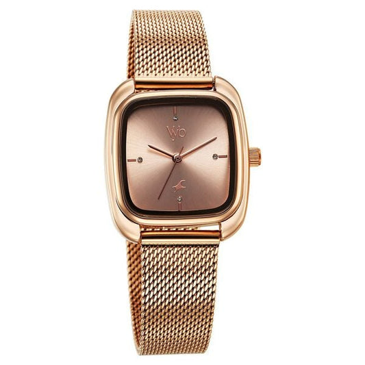 A pink dial watch with a metal strap, featuring a stainless steel case and pink dial, with a polished finish.