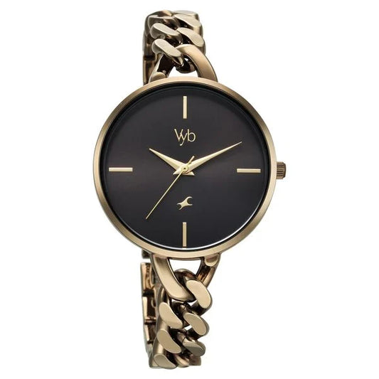 A black dial watch with a gold metal strap, featuring the Vyb by Fastrack brand logo at the center.