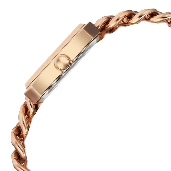 Close-up of a rose gold twisted bracelet fashionable ladies watch on a white background .
