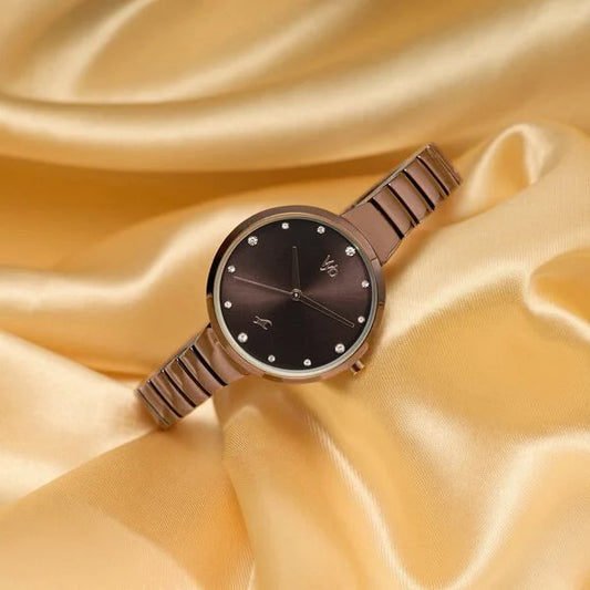 Brown watch with a metallic band Trendy quartz watch FV60074QM01 by Fastrack on a gold satin background