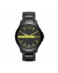 A/X Armani Exchange AX2407 Hampton Analog Watch for Men featuring a sleek black dial, stainless steel case, and black stainless steel band. Water-resistant up to 50 meters with quartz movement and date function.