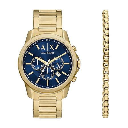 Armani Exchange AX7151SET Men's Chronograph Analog Watch Gift Set featuring a blue sunray dial, gold-tone stainless steel bracelet, and matching bracelet. Stylish and elegant for formal occasions.