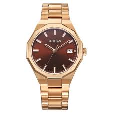 TITAN 90212WM01 Titan Regalia Dodecagon Quartz Analog with Date Brown Dial Rose Gold Stainless Steel Strap Watch For Men