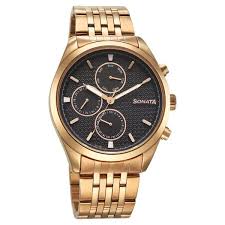 7155wm01 Sonata 7155WM01 Magna Quartz Multifunction Black Dial Rose Gold Stainless Steel Strap Watch For Men