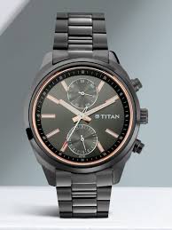TITAN NT1733NM01 Titan Men's Metropolitan Luxe: Multifunction Mono black Dial with Two-Tone Stainless Steel Bracelet Watch