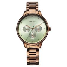2648QM03 Titan Razzle Dazzle Quartz Analog with Day and Date Green Dial Brown Stainless Steel Strap Watch For Women